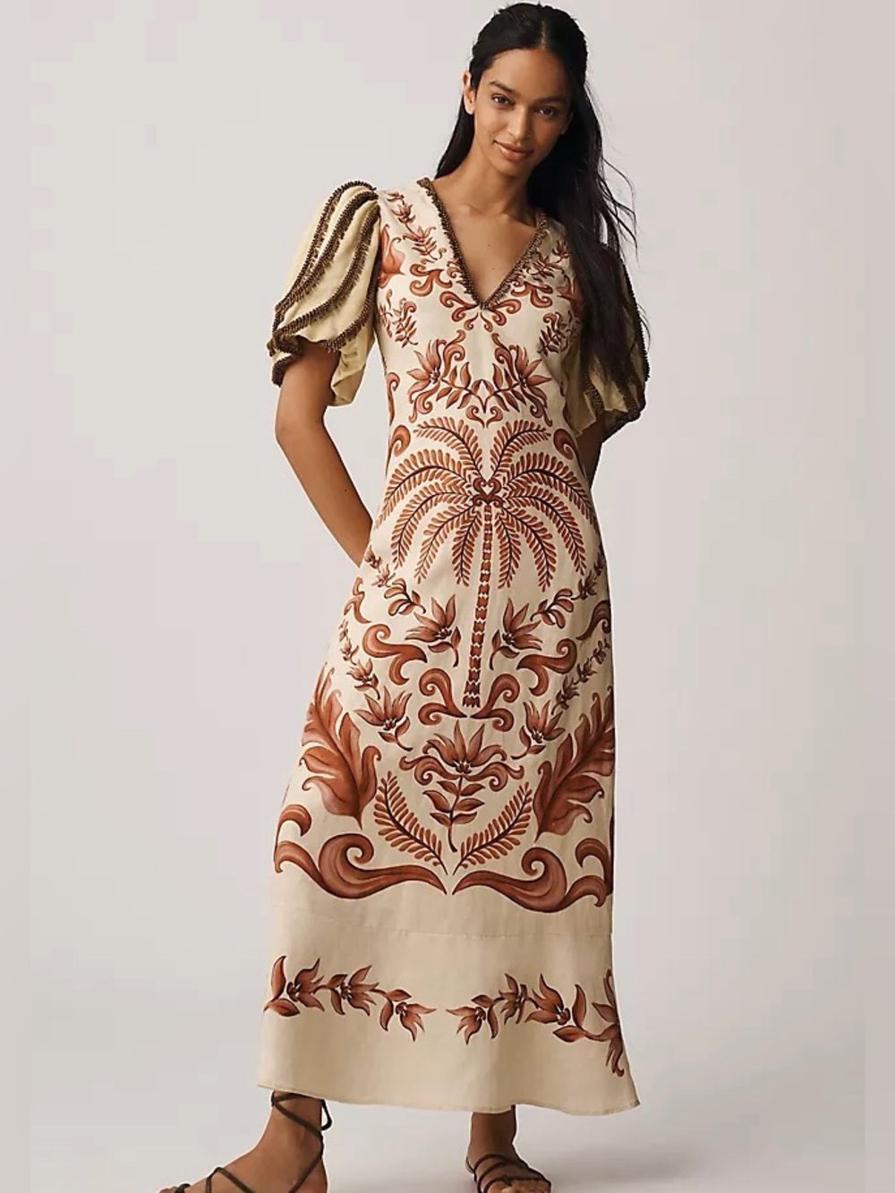Farm Rio Ivory Brown Linen Beaded Puff Sleeve Milani Maxi Dress Size Large